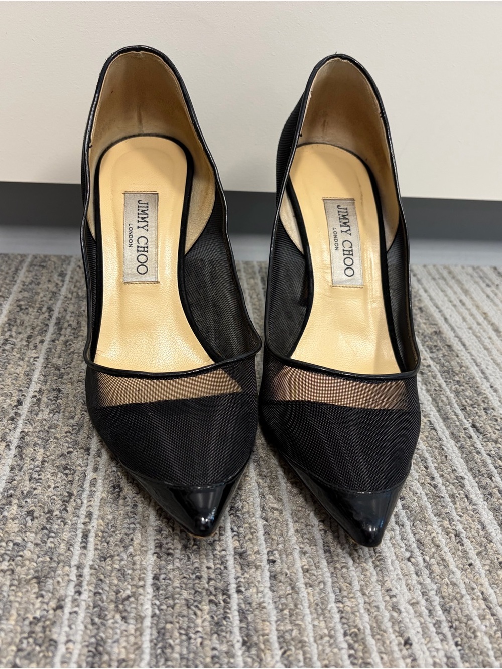 Jimmy Choo Black Mesh and Patent Leather Pointed Pumps
